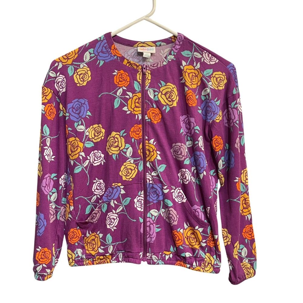 LuLaRoe Kids Monroe Zip Jacket Size 14 Pockets Bomber Roses Purple Elastic Waist